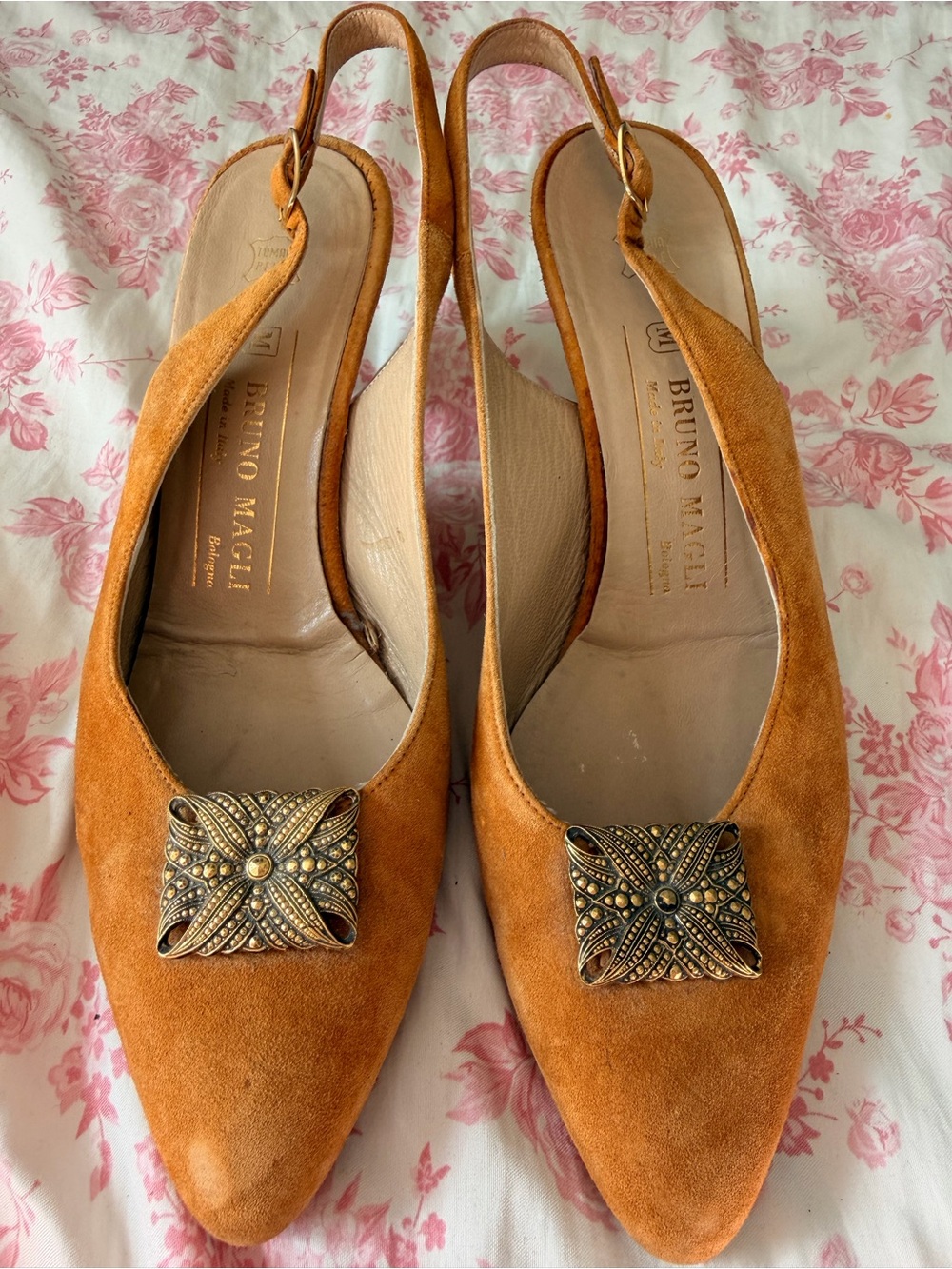 Bruno Magli Orange-Tan Suede Slingback Mules with Antique-Gold Ornament